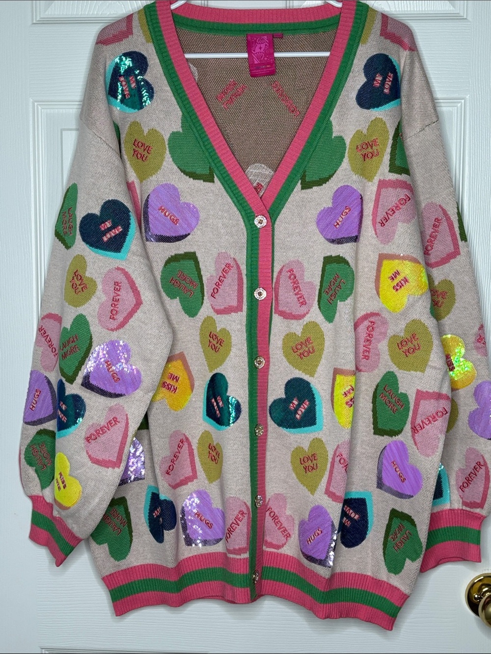 NWOT Queen of Sparkles Candy Sweetheart Sequin Conversation Hearts Cardigan 2XL